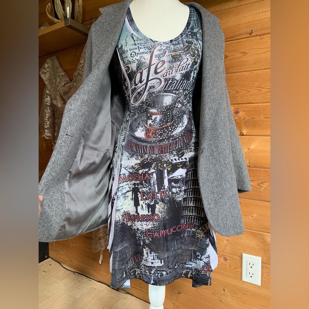 Temptation Italy Cafe Graphic Print Mini Dress Rhinestone Lace Racerback Medium